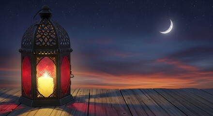 Illuminated Ramadan Lantern at Sunset with Crescent Moon and Stars Night Sky Wooden Deck Peaceful Festive Background