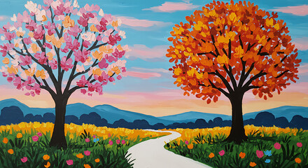 Colorful Textured Painting of Spring and Autumn Trees in a Landscape
