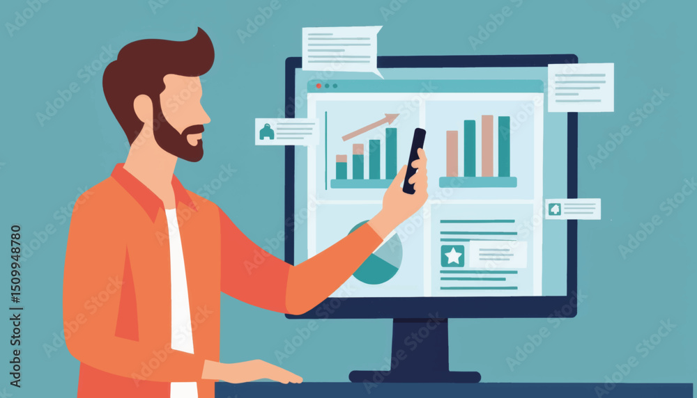 Poster man analyzing data on phone while working at computer, productivity