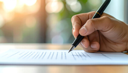 Hand holding pen above printed contract on table, sunlight in background