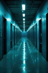 A Long, Dark, and Mysterious Corridor with Numerous Doors and Fluorescent Lighting Reflecting on the Polished Floor