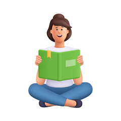 Young smiling woman Jane sitting with crossed legs, holding or reading open book. Education concept. 3d vector people character. Cartoon minimal style.