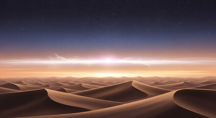 Naklejka premium Majestic Desert Landscape at Sunrise Under a Starry Sky featuring Rolling Sand Dunes and a Bright Horizon