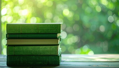 Stacked Green Books On Wooden Table Sunlight Blurred Background