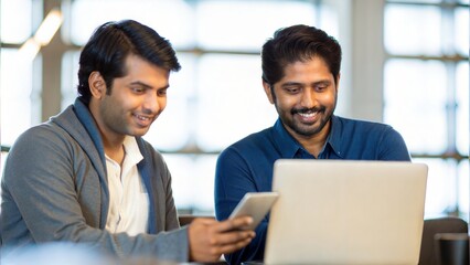 Young Indian Coworkers Engaged in Friendly Collaboration with Tech Devices	
