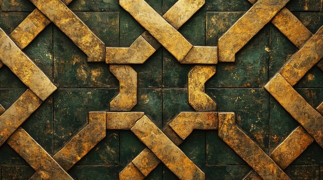 Ornate, golden metalwork pattern on dark green tiles.
