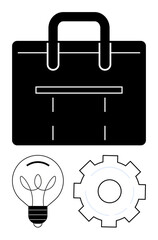 Black briefcase, gear, and lightbulb symbols representing business, productivity, creativity, and problem-solving. Ideal for professional, corporate, startup management innovation teamwork