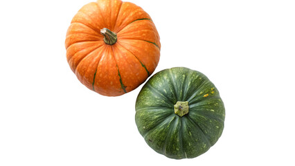 Orange and green pumpkins top view isolated on transparent background