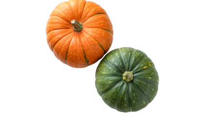 Orange and green pumpkins top view isolated on transparent background