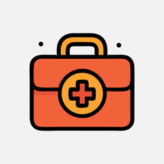 Essential first aid kit icon with a prominent cross symbol on a rectangular bag. Emergency healthcare concept