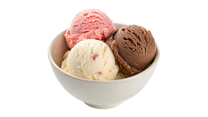 White bowl filled with three scoops of ice cream isolated on transparent background