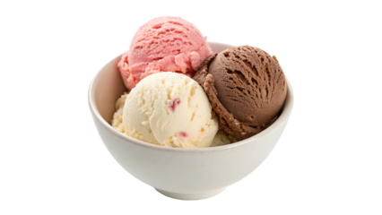 White bowl filled with three scoops of ice cream isolated on transparent background