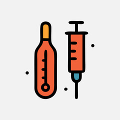 Simple black and white icon featuring a medical thermometer and a syringe. Healthcare medical concept