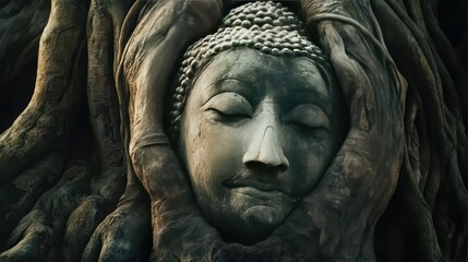 Obraz premium Ancient Buddha Head Embraced by Roots of a Banyan Tree in a Serene Forest Setting, Symbolizing Nature and Spirituality