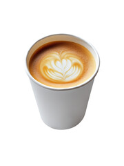 Latte with heart art in white paper cup