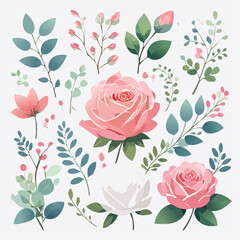 A soft botanical vector set with pastel watercolor flowers, leaves, and buds. Perfect for wedding designs, invitations, and feminine branding.