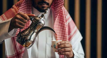 Arabian Man Pouring Traditional Coffee from a Dallah Pot into a Cup a Close-Up View of Authentic Middle Eastern Culture and Hospitality