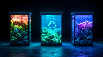 Three illuminated aquariums with vibrant coral reefs, featuring a recycling symbol in the center tank, highlight marine conservation.