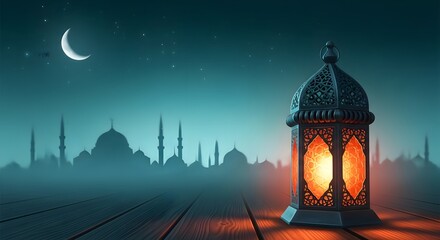 Illuminated Ramadan Lantern on Wooden Deck against Mosque Silhouette and Crescent Moon Night Sky