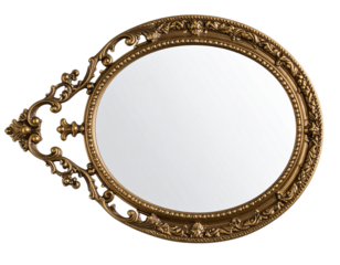 Vintage Bronze Hand Mirror with Baroque Frame and Oval Glass, Transparent background