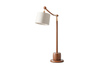 PNG Elegant wooden desk lamp with adjustable arm and fabric shade