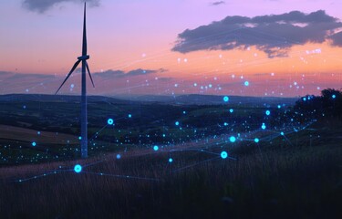 A single wind turbine stands in a rolling landscape at sunset, overlaid with a network of glowing blue nodes and lines representing energy flow