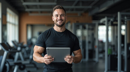 A confident young man with a friendly smile, seemingly a fitness professional, stands in a modern gym setting.