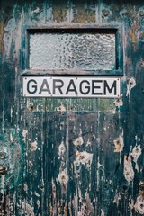 Weathered vintage garage door with peeling green paint displays Portuguese Garagem sign on...