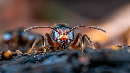 A soldier ant fearlessly standing guard as worker ants rush past with food