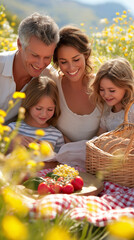 Family picnic in sunny meadow with checkered blanket and fresh food