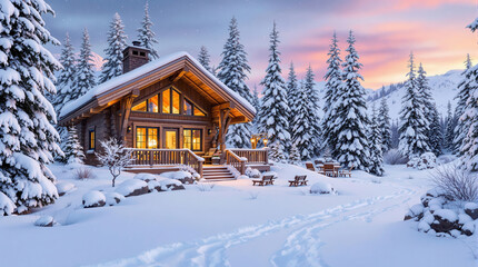 A Cozy wooden cabin glows warmly amidst snowy forest at sunset, surrounded by tall pine trees and serene winter landscape
