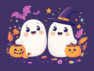 Obraz premium a cute and funny Halloween-themed design. In the center of the design, feature two adorable ghosts with happy and playful expressions.