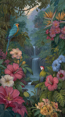 Vibrant tropical jungle scene with exotic flowers and birds