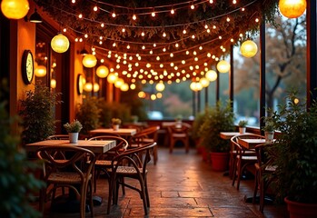Fototapeta premium Boho Restaurant patio with ball during side lighting