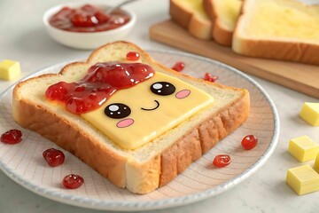 Cute kawaii toast with cheese and jam