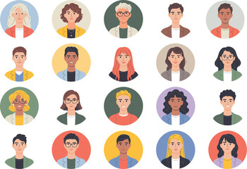 Diverse group of people avatar set featuring stylish, professional characters with different hairstyles, skin tones, and outfits—perfect for teamwork, social media, or digital identity designs.