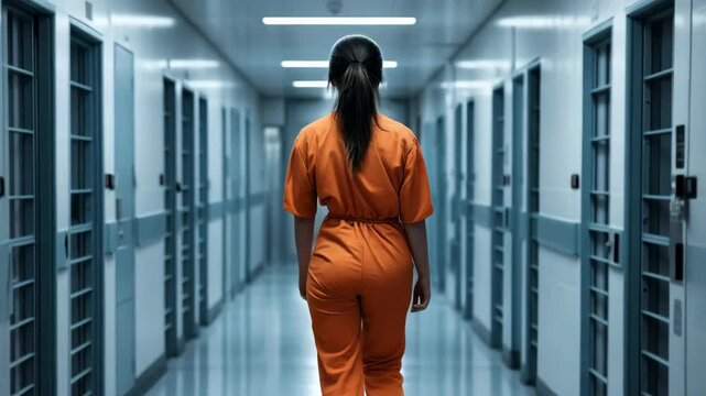 back view of woman prisoner walking in modern prison corridor