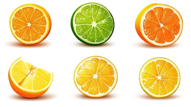 Citrus fruit slices in various colors and shapes.