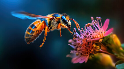 A wasp carefully inspecting a flower before landing, its legs dangling mid-air