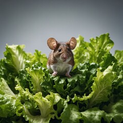 A tiny mouse sitting atop a pile of bright green lettuce leaves on white.