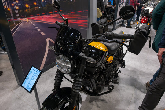 Verona, Italy : 2025 01 24 MBE Motor Bike Expo Custom Motorbike and Custom Muscle Car Event Royal Enfield Guerrilla