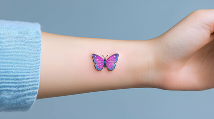 Small Pink And Purple Butterfly Tattoo On A Woman's Wrist
