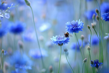 Bumblebee on blue cornflowers in a summer meadow