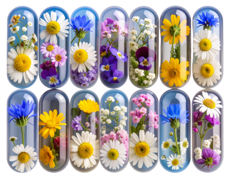 Clear Gel Capsules Filled with Tiny Wildflowers, Transparent background