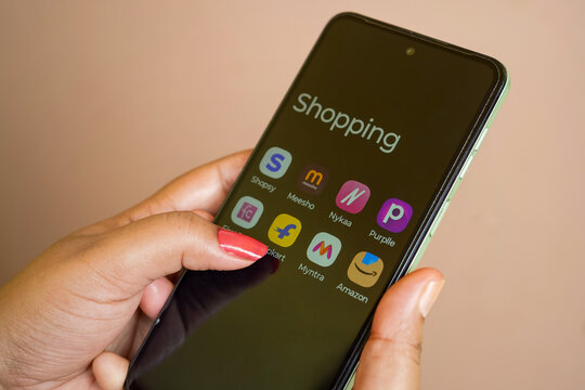 West Bengal, India - May 16, 2025: Assorted e-commerce apps are seen on an smartphone, including Shopsy, Flipkart, Meesho, Amazon, Myntra, Firstcry, Purplle, Nykaa. Affordable online shopping concept.
