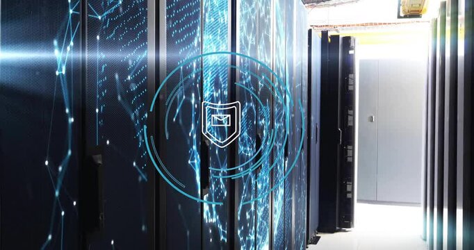 Gliding down server aisle network visuals sweeping globe and shield rings orbit signaling security