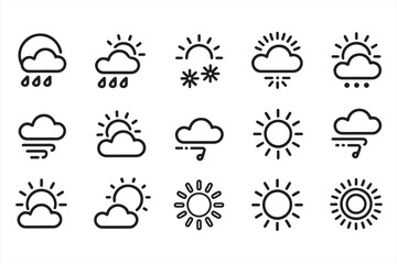 Simple black weather icons depicting sun, rain, and wind for weather apps