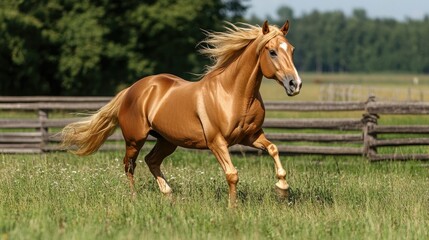 Obraz premium Majestic golden horse running gracefully across a lush green pasture under clear blue skies surrounded by a natural landscape of trees and wooden fences