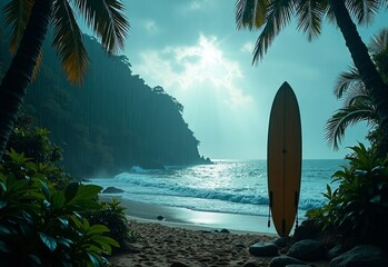 Coastal Jungle with surfboard during rain