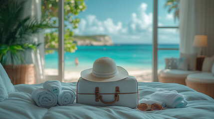 Stylish suitcase with sunhat on bed inside beachside hotel room, rolled towels and sunglasses nearby, with open doors revealing turquoise sea, sandy beach and lush greenery outside